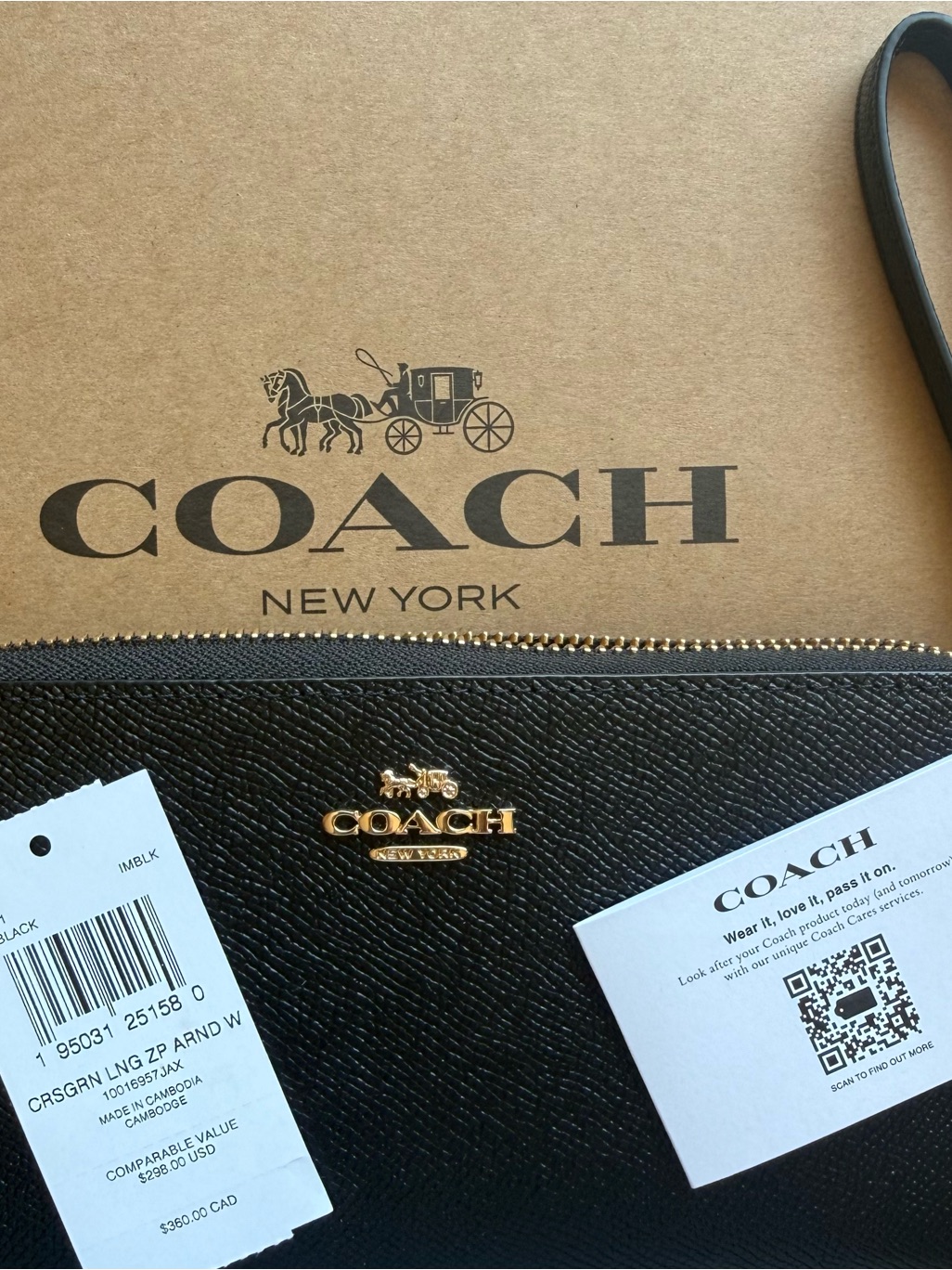 Coach Black Saffiano Leather Zip Wristlet With Gold Logo